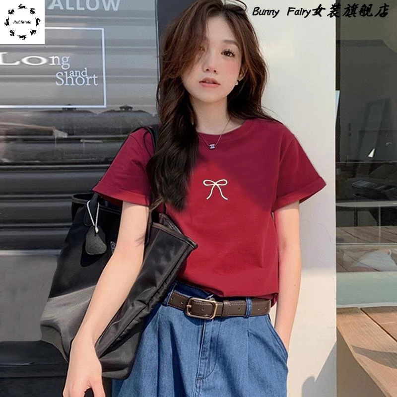 小个子蝴蝶结短袖t恤女正肩红色宽松上衣2025夏季新款百搭半袖潮