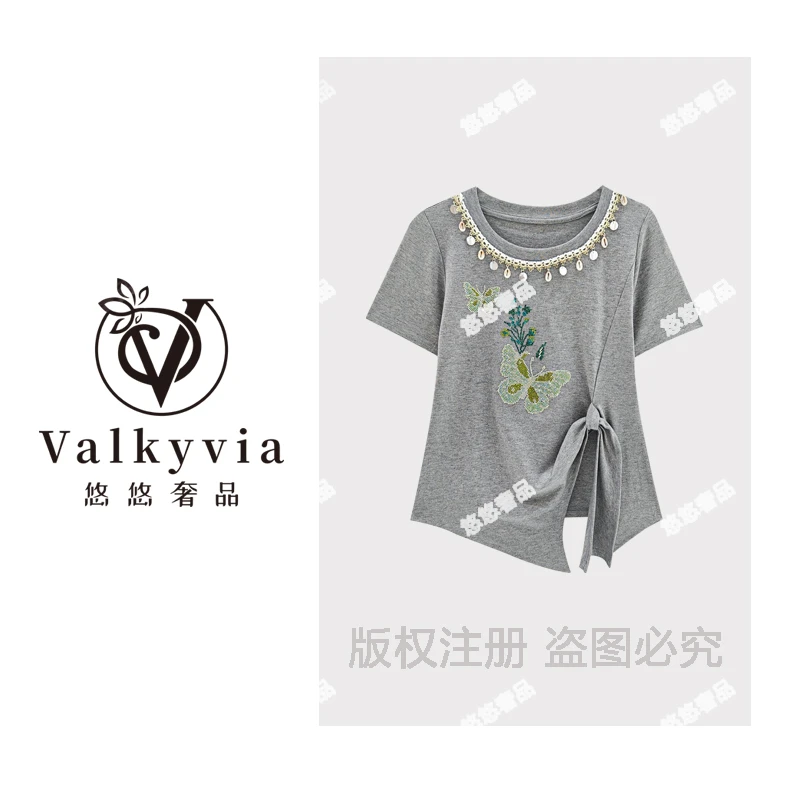 【Valkyvia/悠悠奢品】重工烫钻蝴蝶钉珠设计感短袖T恤T6018