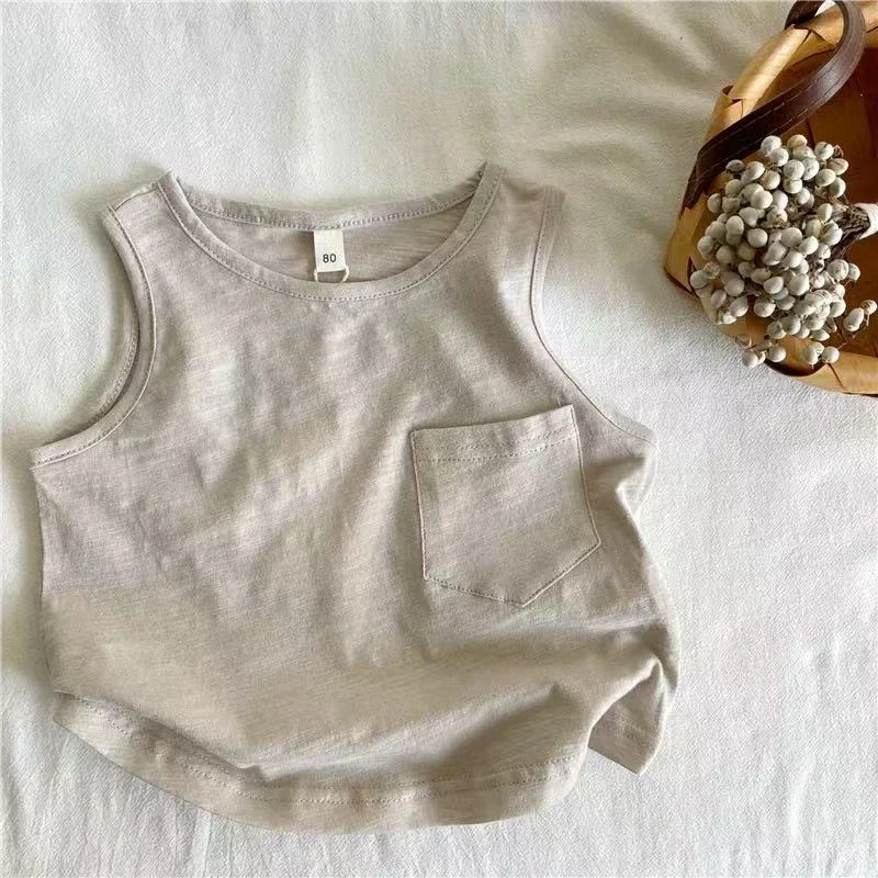 小口袋纯色竹节棉宽松短款无袖背心