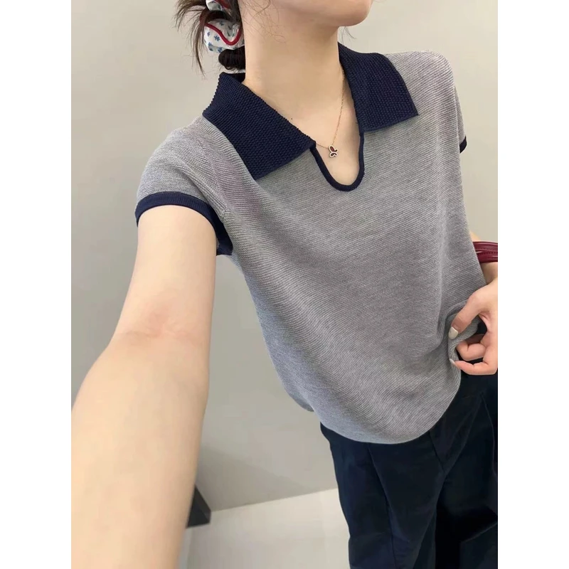 法式polo领撞色针织短袖上衣女2025夏季时尚设计感小众别致短款