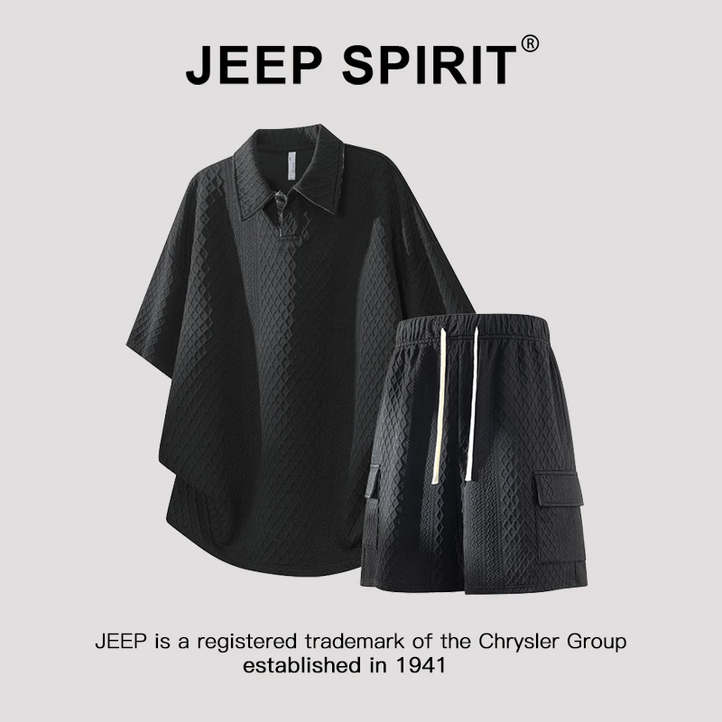 Jeep吉普重磅提花短袖polo衫男士套装夏季宽松大码休闲短裤两件套