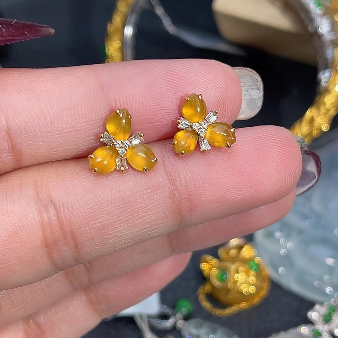 翡翠18K金镶嵌耳饰随形