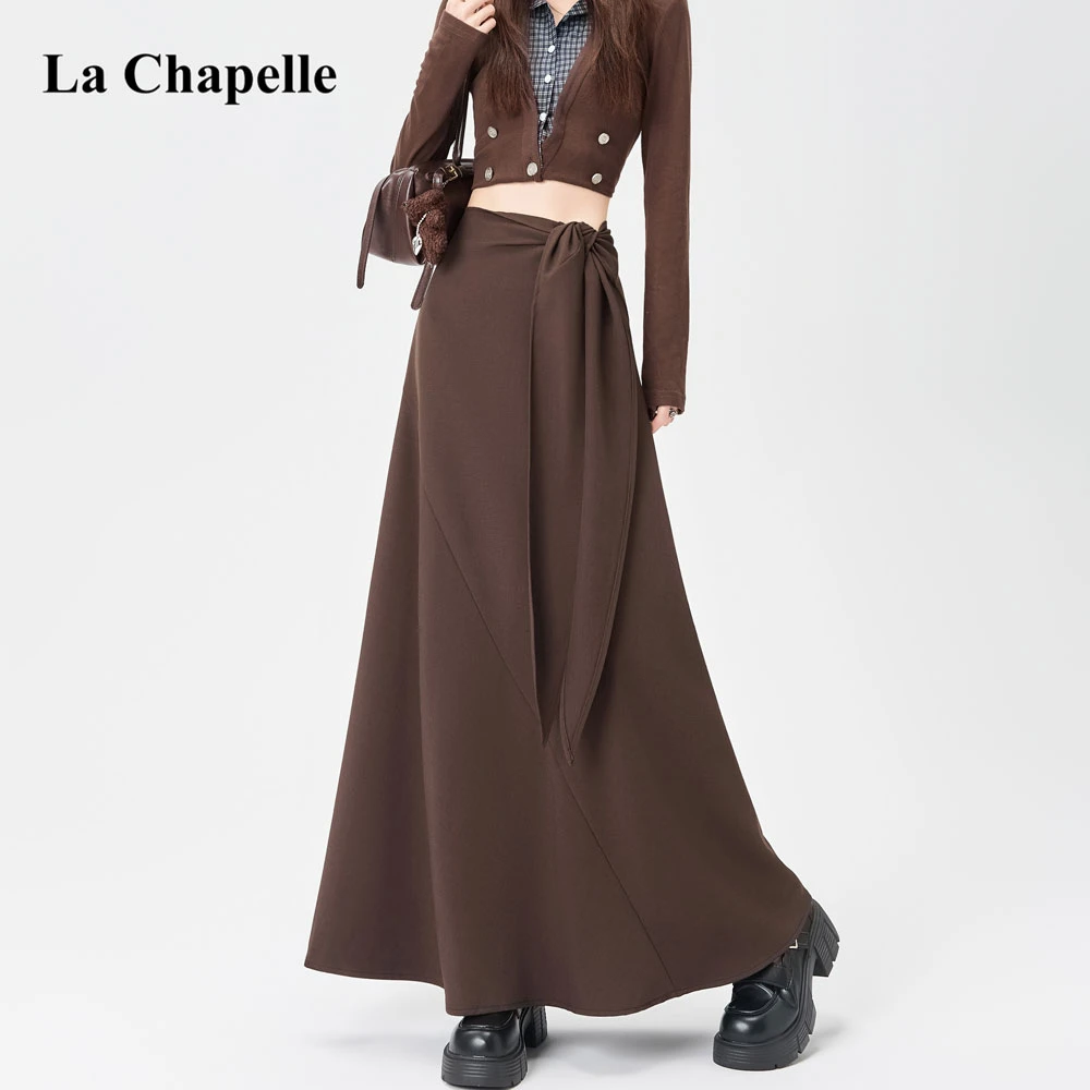 拉夏贝尔不规则绑带半身裙女2025秋冬款高腰显瘦垂感a字包臀长裙