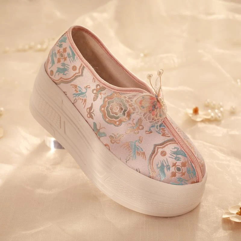 新中式国风绣花鞋一脚蹬新款增高旗袍鞋子茶艺鞋古风厚底汉服布鞋