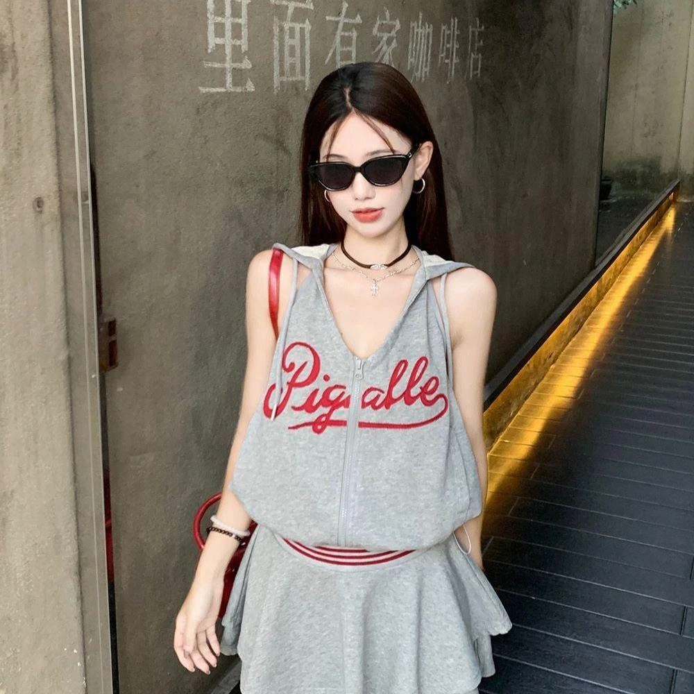 美式时尚运动套装裙女夏季爆款宽松连帽背心显瘦半身裙休闲两件套