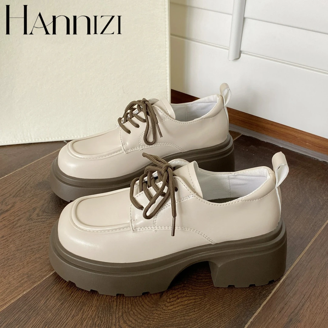 hannizi鞋子女鞋配裙子粗跟厚底小皮鞋女乐福鞋系带英伦风单鞋