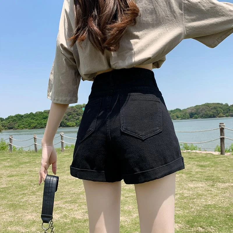 黑色牛仔短裤女夏季薄款高腰显瘦宽松辣妹卷边热裤