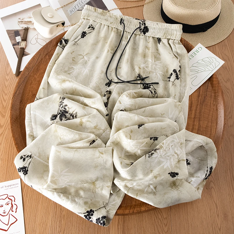 冰丝印花薄款休闲阔腿裤女2025夏季新款松紧高腰显瘦垂感直筒裤子