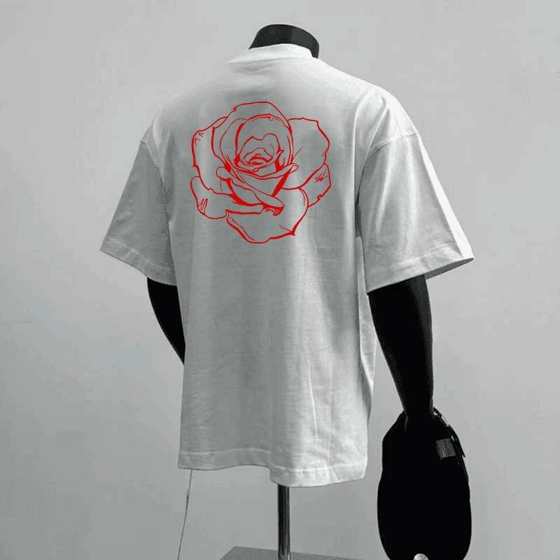 重磅不透纯棉白色短袖t恤男圆领宽松潮流玫瑰花印花美式潮牌半袖