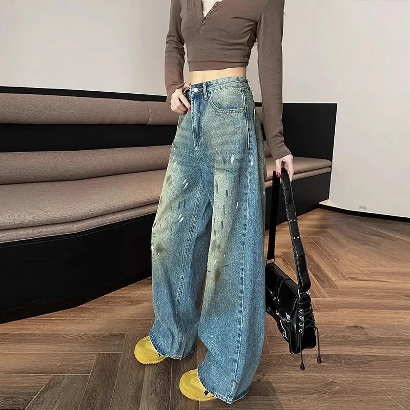 泼墨美式复古水洗涂鸦阔腿牛仔裤2025新款高腰直筒宽松显瘦阔腿裤