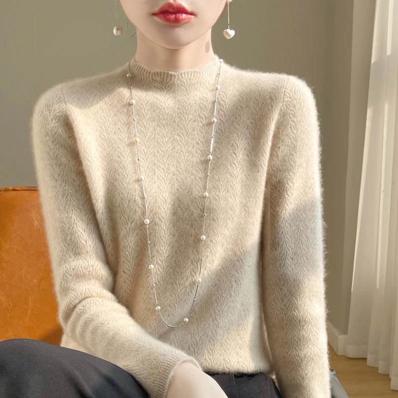穗穗平安！重工半高领麦穗花镂空节节高升长袖羊毛衫女百搭修身