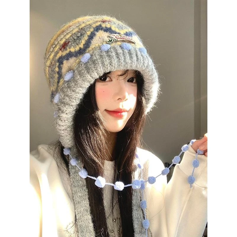 费尔岛复古针织巴拉克拉法帽女秋冬显脸小包头帽加厚保暖护耳帽子