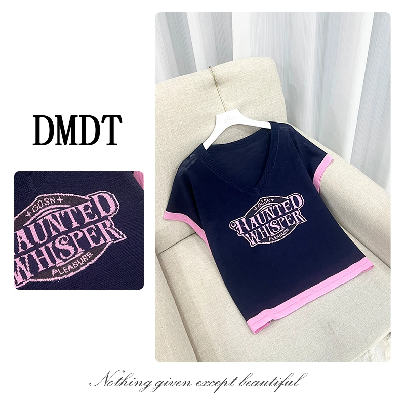 【DMDT服饰】2025新品“月光奏鸣曲”V领提花显瘦短袖针织衫B1998