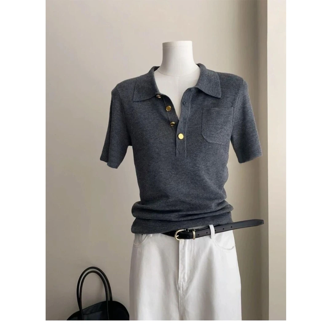 法式别致灰色针织翻领POLO衫短袖t恤小个子冰丝短款上衣薄女夏季