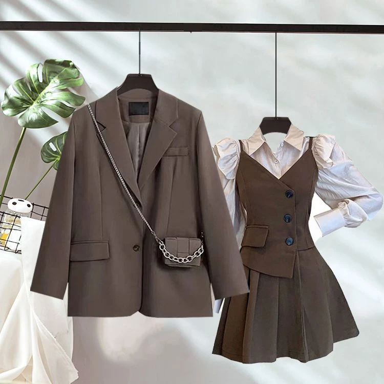 2025秋秋季一整套装女新款通勤西装外套长袖衬衫显瘦连衣裙三件套