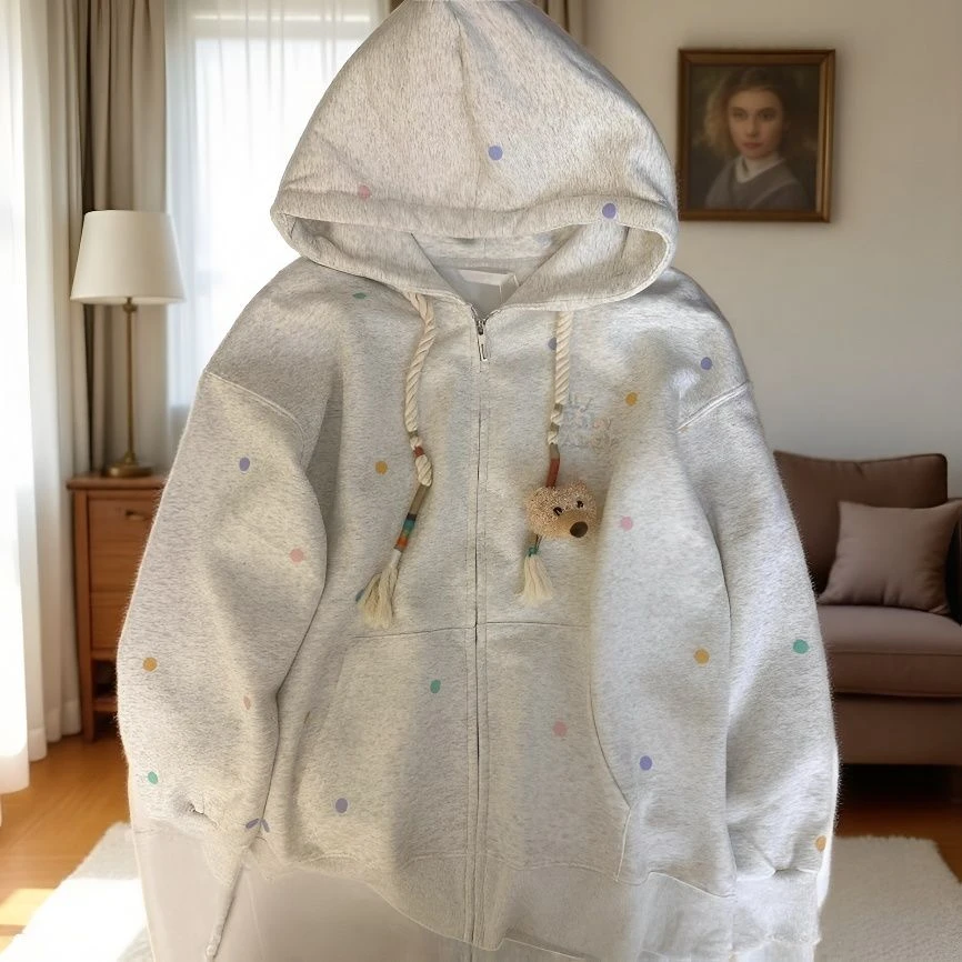 特大码300斤小众韩系彩色波点开衫连帽卫衣男女2025新款情侣外套