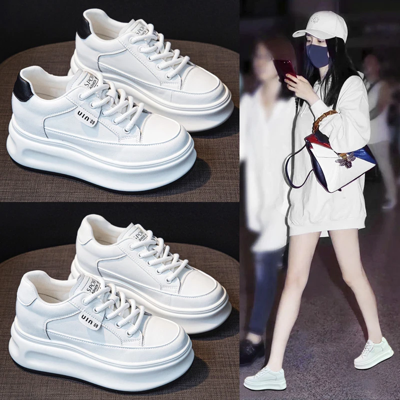 内真皮小白鞋女秋季新款厚底松糕休闲鞋小个子上班族运动女板鞋