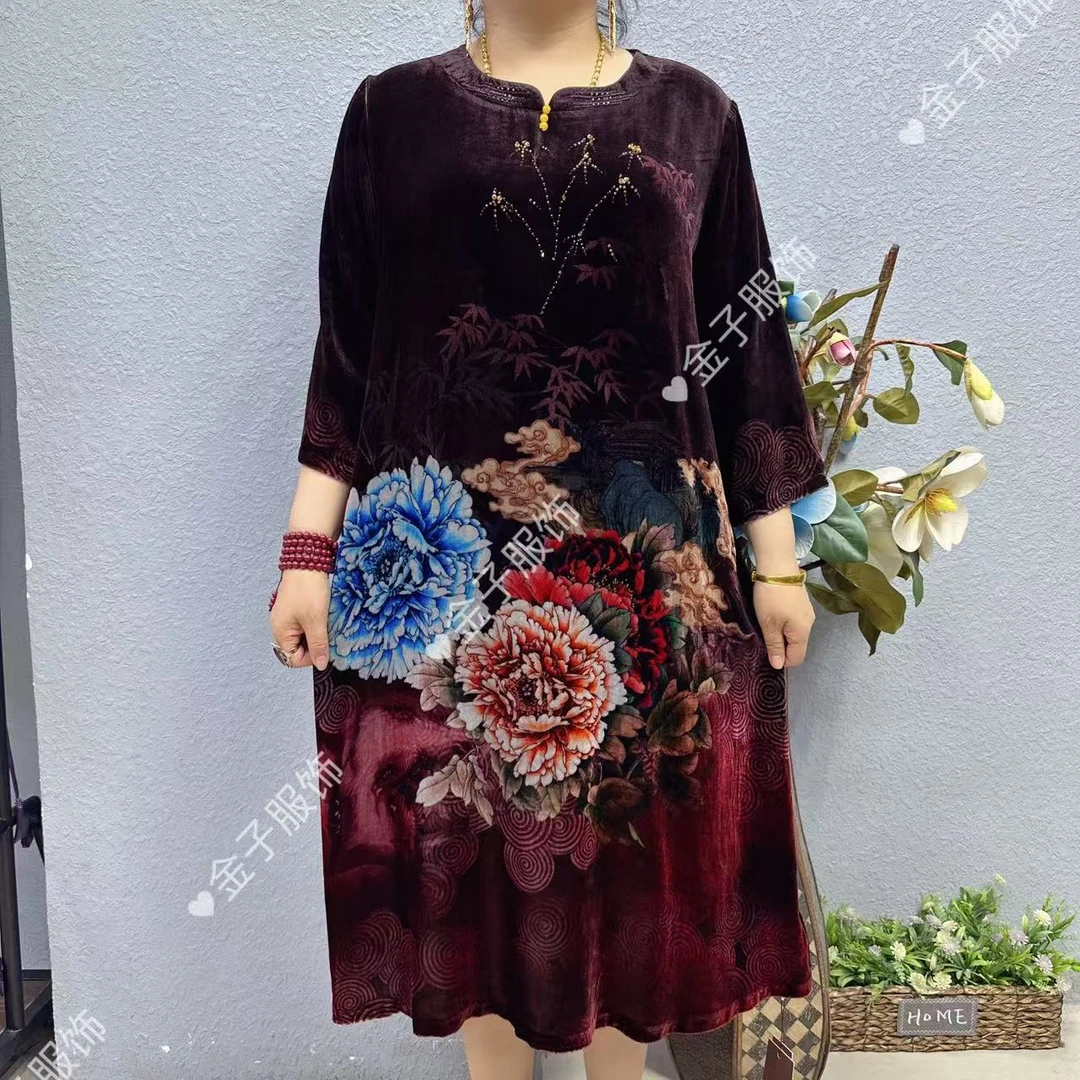 P7-2083桑蚕丝遮肚子连衣裙上档次过膝长裙妈妈装