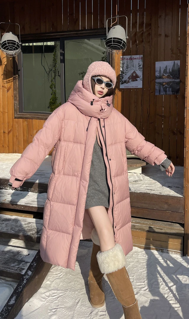 24年新款90白鸭绒大长款连帽羽绒服HM-7706