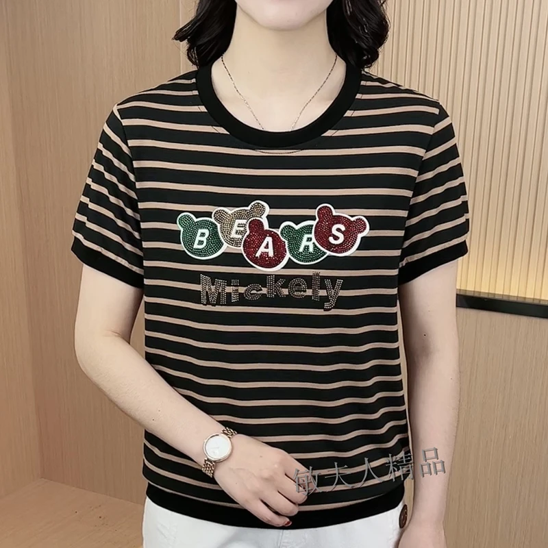 夏季新款修身显瘦时尚圆领条纹短袖减龄洋气小衫妈妈装大码遮肚子