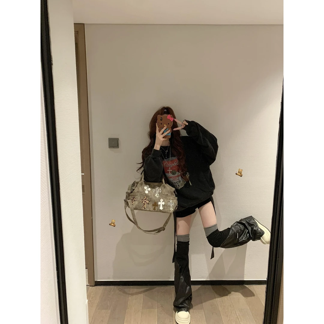 美式宽松黑色罐头印花卫衣女2025秋冬新款宽松显瘦百搭小众上衣