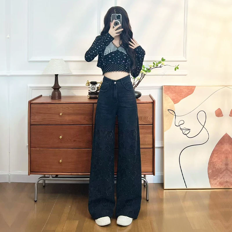 玫瑰刺绣阔腿牛仔裤女春秋夏季2025新款宽松时髦辣妹满钻直筒裤子
