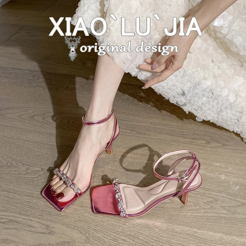 2025今年新款凉鞋法式绝美一字带水钻高级感方头细跟高跟鞋女夏季