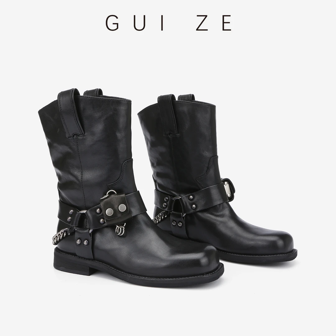 时髦平底钱包马丁靴2025冬新款真皮英伦皮带扣女靴子中筒靴机车靴