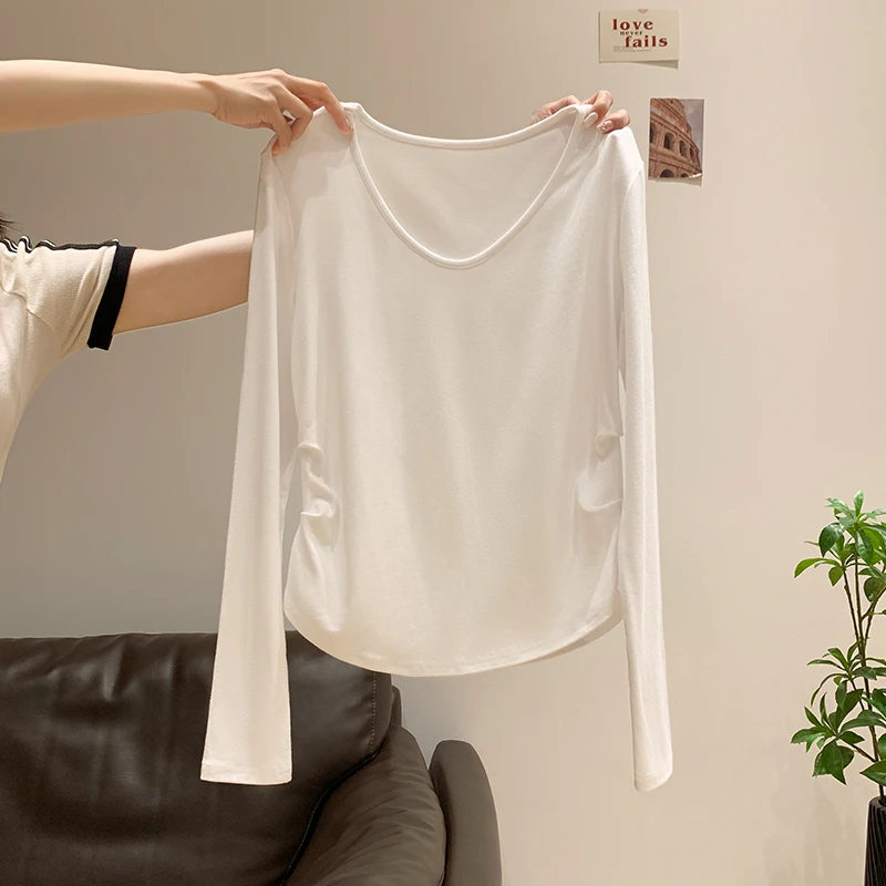 白色长袖V领露锁骨T恤女秋冬季低领褶皱收腰打底衫上衣穿搭