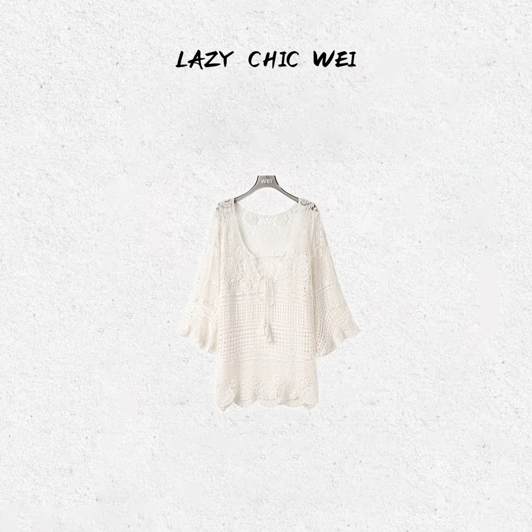WEI 100%棉钩花宽松民族风中长款针织上衣2505SSW5526