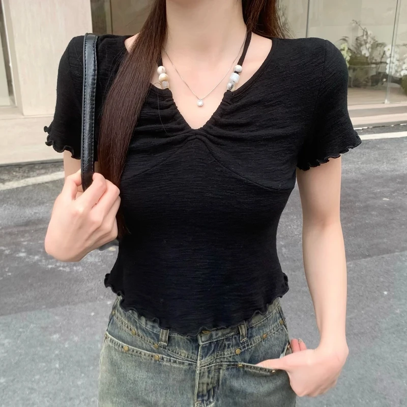 【小七家】春季新款 法式甜美时尚V领修身显瘦短款百搭上衣DM8596