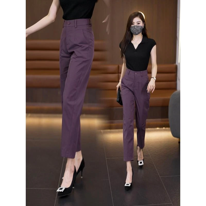 夏季新款休闲九分西装裤女薄款冰丝直筒哈伦裤新款高腰显瘦小脚裤