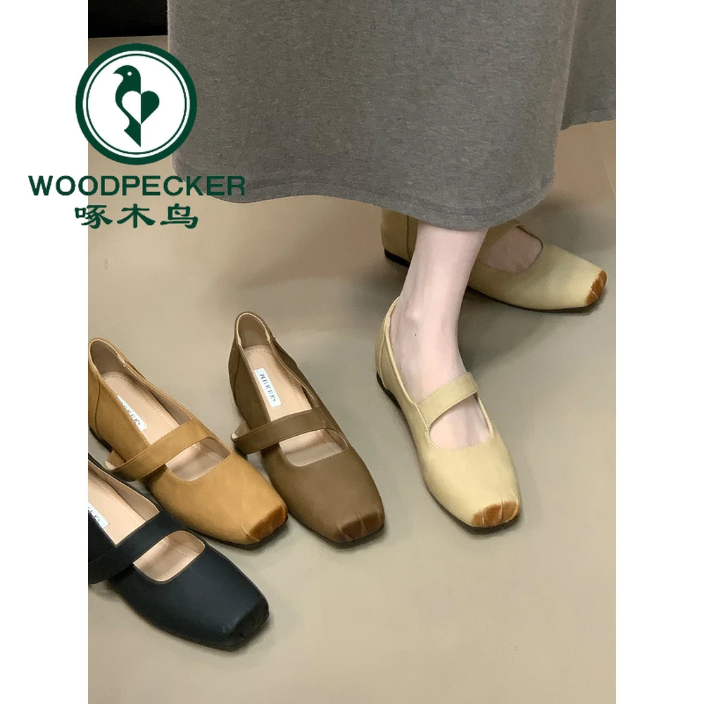 啄木鸟法式方头一字带玛丽珍鞋女2025新款复古内增高芭蕾舞单鞋女