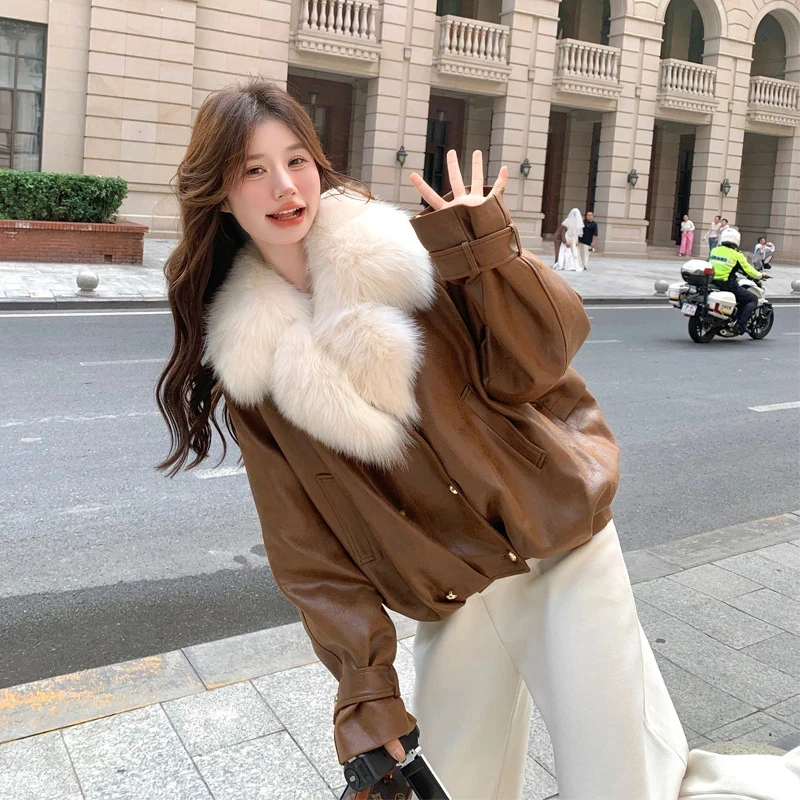 美拉德皮毛一体外套年冬季新款复古皮大毛领白鸭派克服