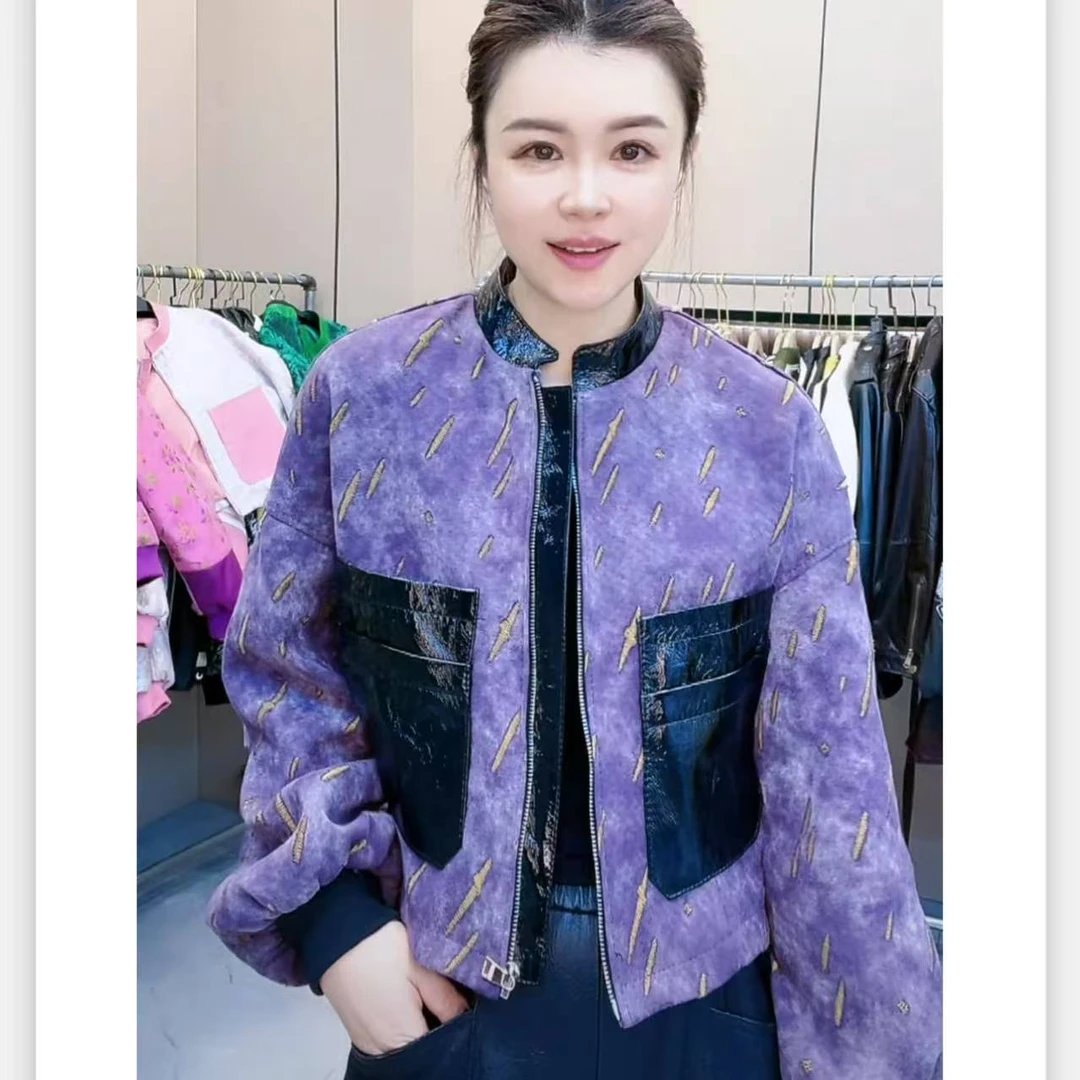 【訢嶼甄选】25115新款百搭时尚街头风设计师款流星雨紫色皮衣