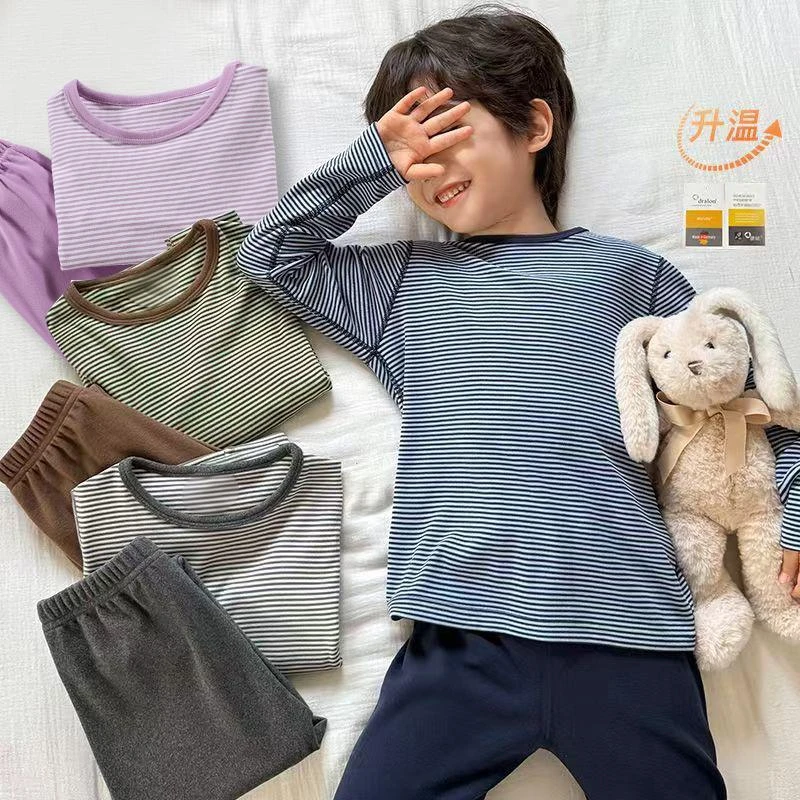 【无骨缝制】新款秋冬阳离子休闲居家男女童条纹保暖家居服暖绒套装