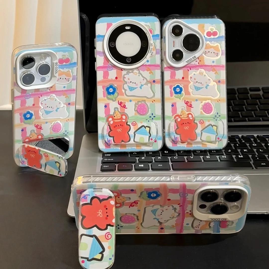 彩色格纹小狗小熊支架适用苹果16手机壳iPhone华为vivoppo小米15