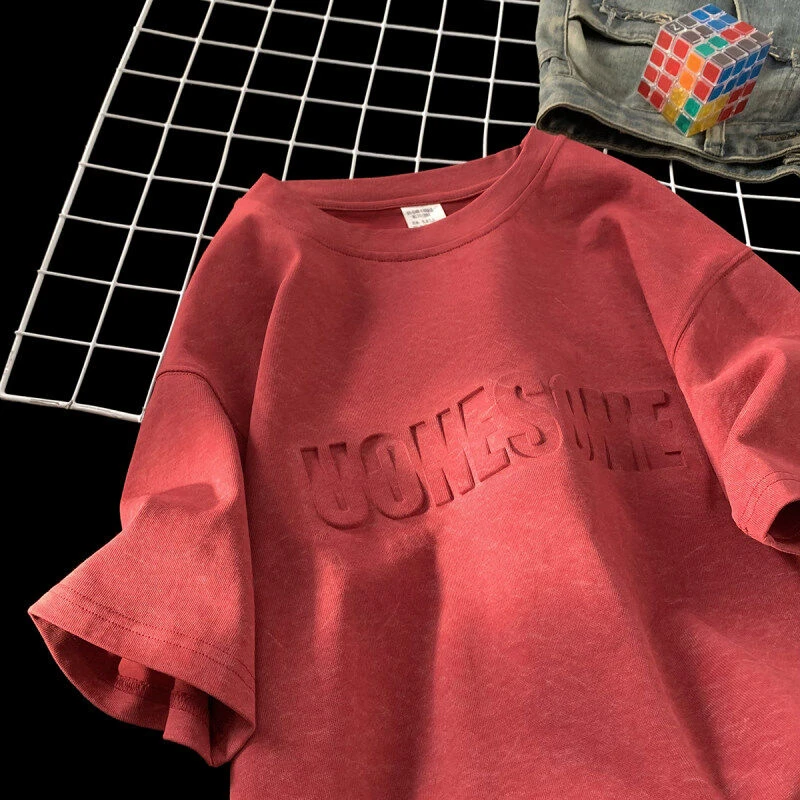 XOCC 砂洗钢印水洗凉感宽松短袖T恤圆领T恤设计感做旧欧若风