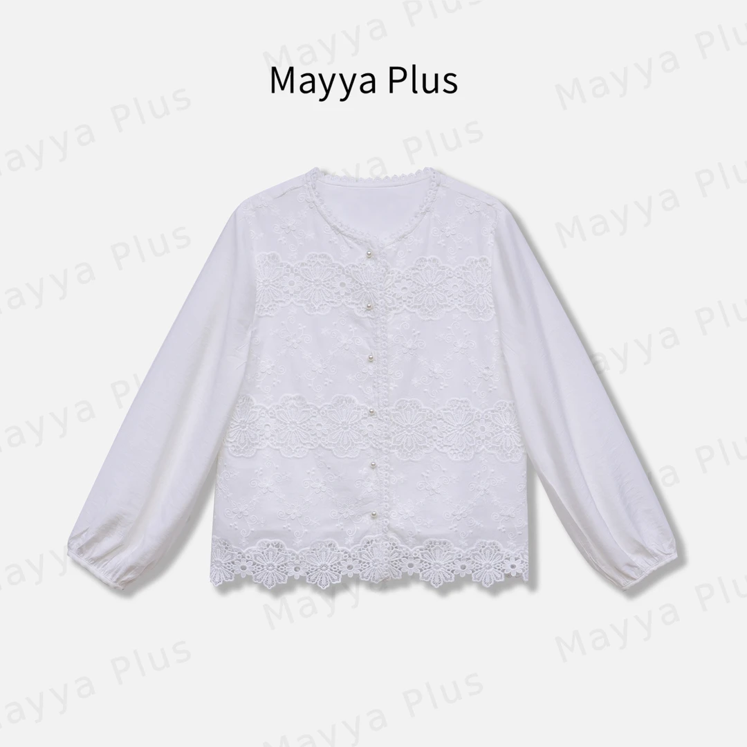 【白茶】Mayya Plus麦芽定制甜美蕾丝花边衬衫圆领减龄上衣32518805