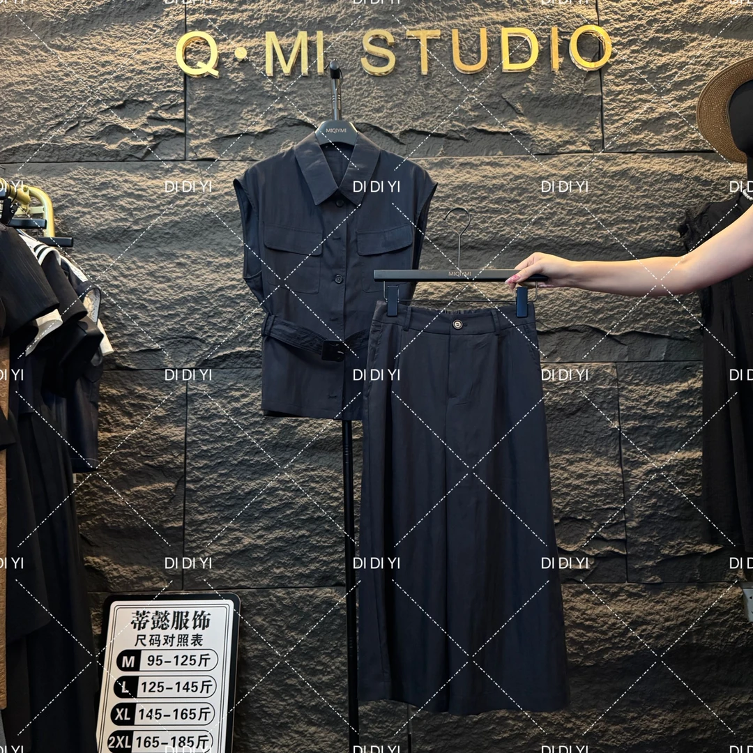 现货！！2025原创大码高定设计款无袖腰带藏青色气质显瘦套装25091