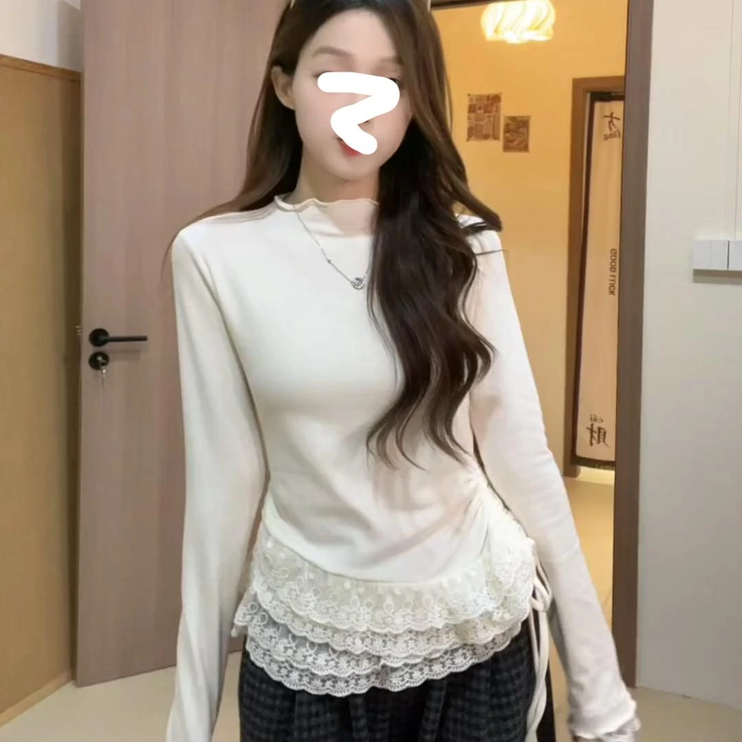 秋冬季法式加绒内搭打底衫大码胖mm设计感蕾丝花边T恤显瘦上衣女