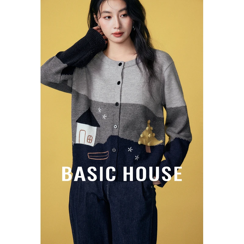 Basic House/百家好秋冬减龄复古拼色女毛衣针织衫-B06245S0762