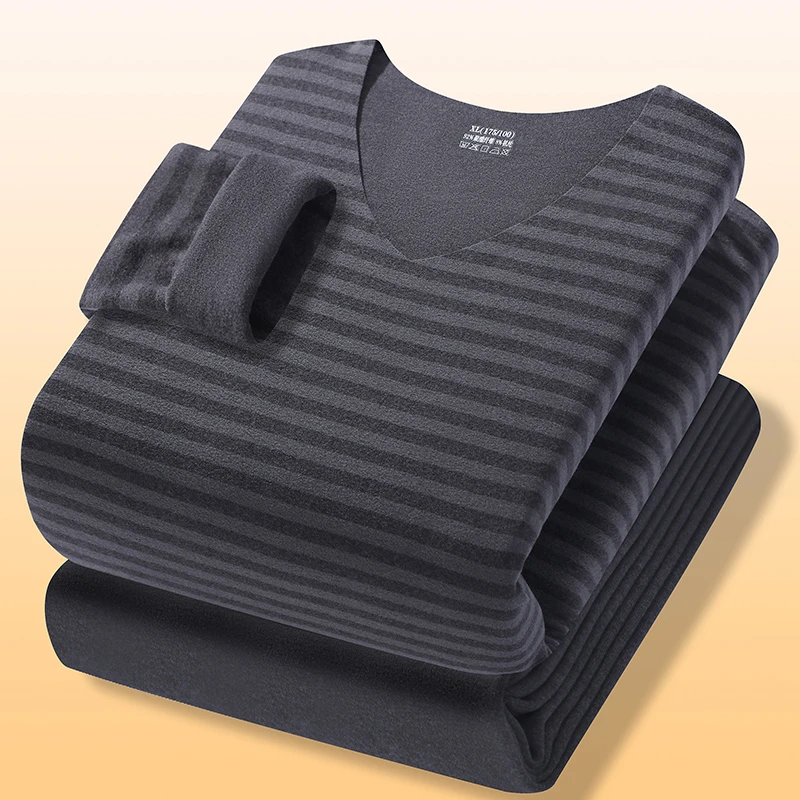 2025秋冬保暖条纹德绒内衣男士薄款V领打底衫秋衣秋裤套装长袖潮