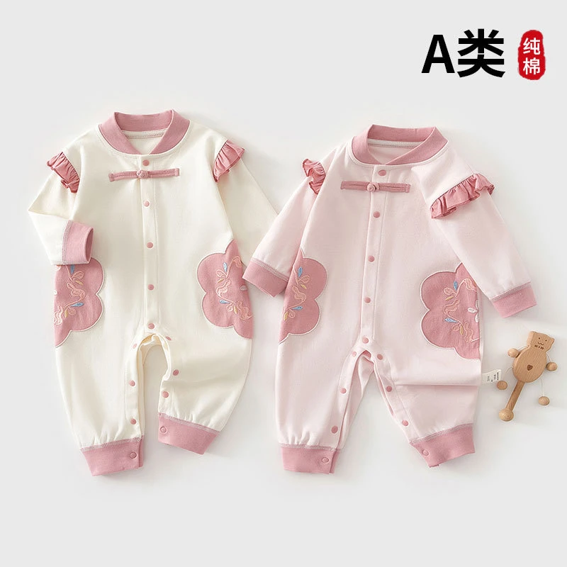 春秋新款婴儿连体衣长袖哈衣纯棉女宝宝衣服外出爬服无骨超洋气潮