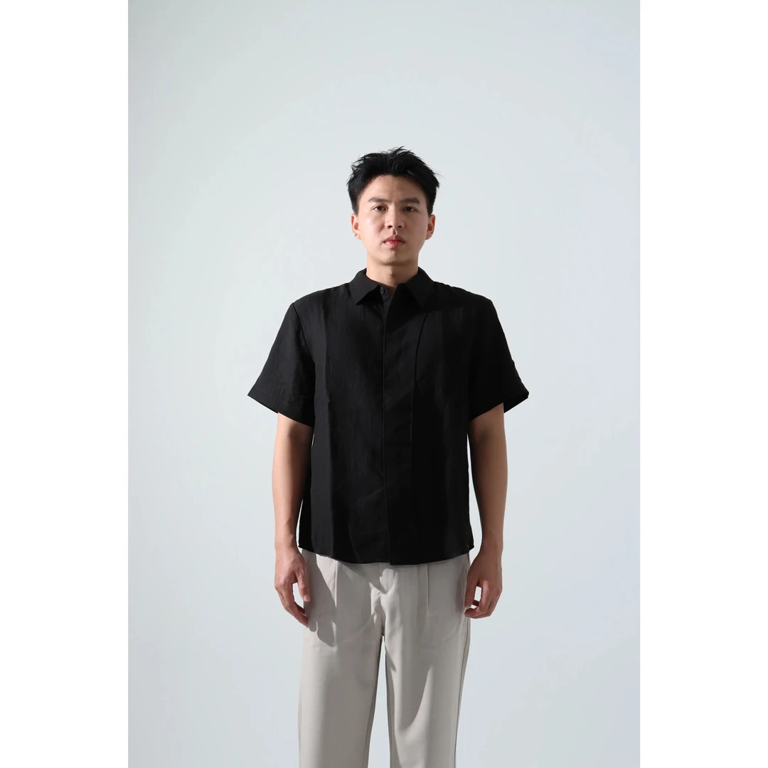 黑色美式解扣翻领短袖衬衫夏季休闲简约薄款垂感宽松痞帅上衣