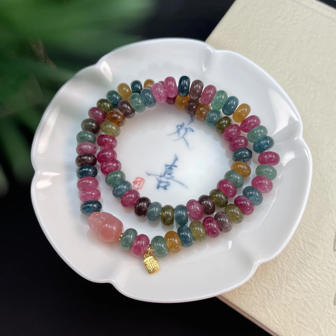 彩虹碧玺色算盘珠貔貅双圈（5×8mm）颜色多样性发货