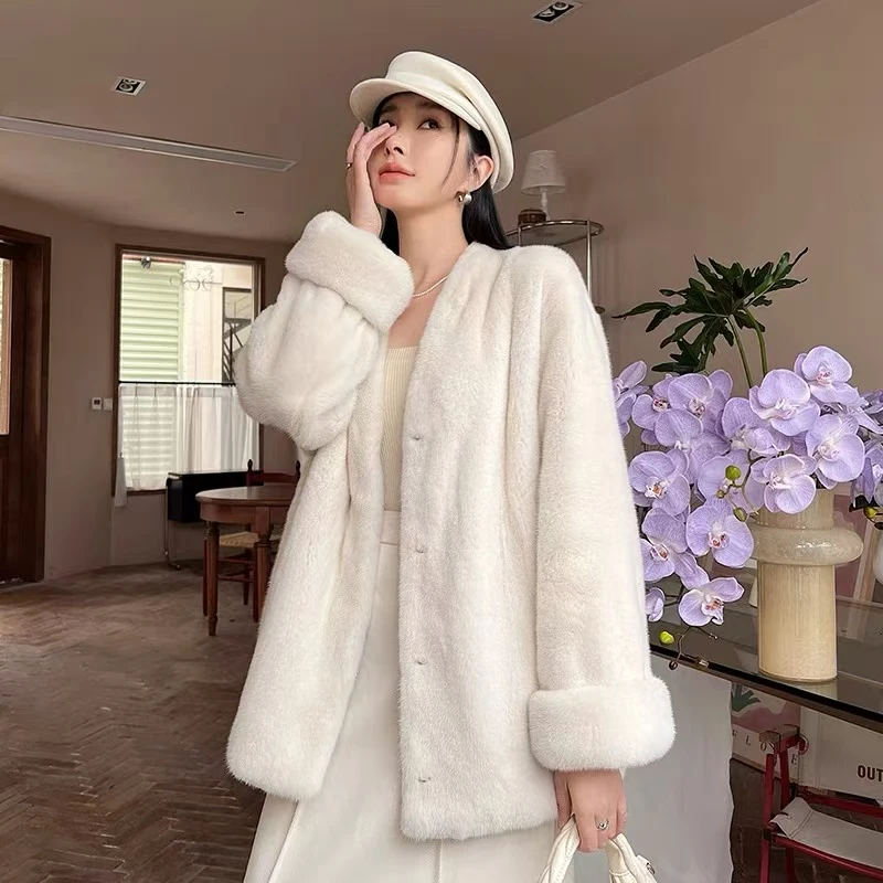 秋冬季纯色仿貂大衣外套LF111