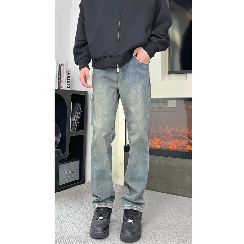 复古蓝男士牛仔裤微宽松直筒美式潮牌弹力2025新款水洗高级感裤子