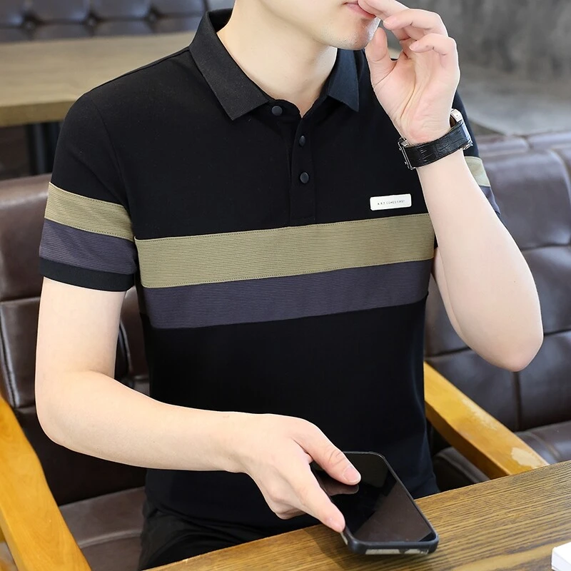 夏季薄款短袖潮流时尚男士商务半袖翻领百搭条纹女士polo短袖t恤