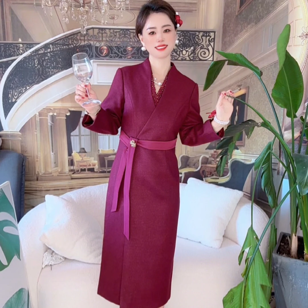 喜婆婆喜妈妈高定轻奢婚宴礼服羊毛假两件连衣裙秋冬